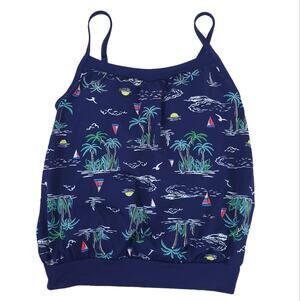 Lands End Tankini Swimsuit Topo Size 8 Navy Blue Palm Trees Vacation Resortwear
